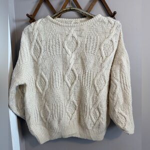 Vintage Cream Cable Knit Fisherman Sweater Oversized Wool Blend Slouchy M/L
